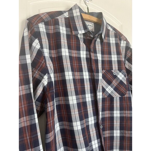 Flag & Anthem Mens Plaid Shirt Button Up Medium Navy Red White Long Slv - Picture 2 of 12